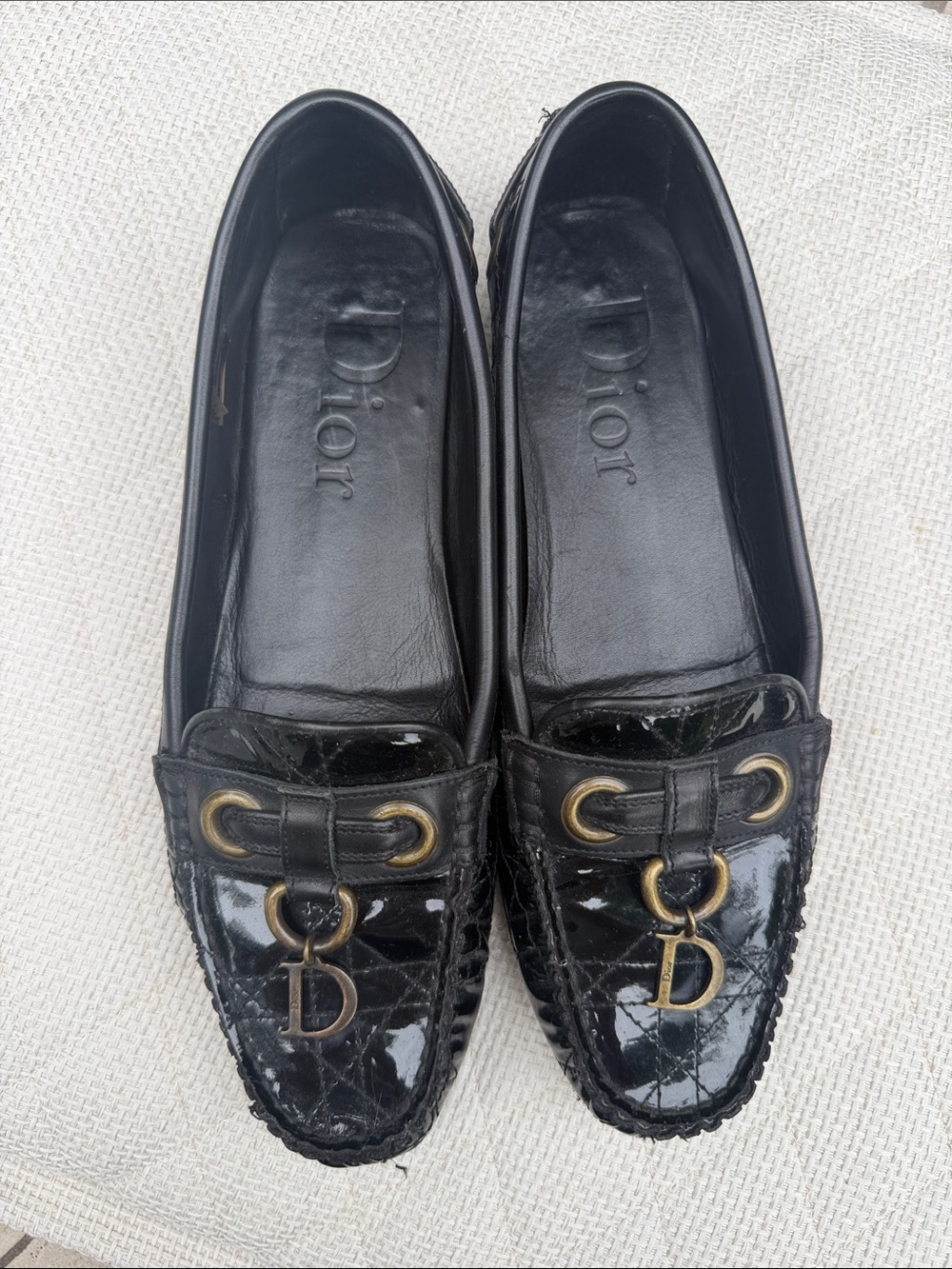 Dior Black Patent Quilted Loafers with Gold 'D' Charm
